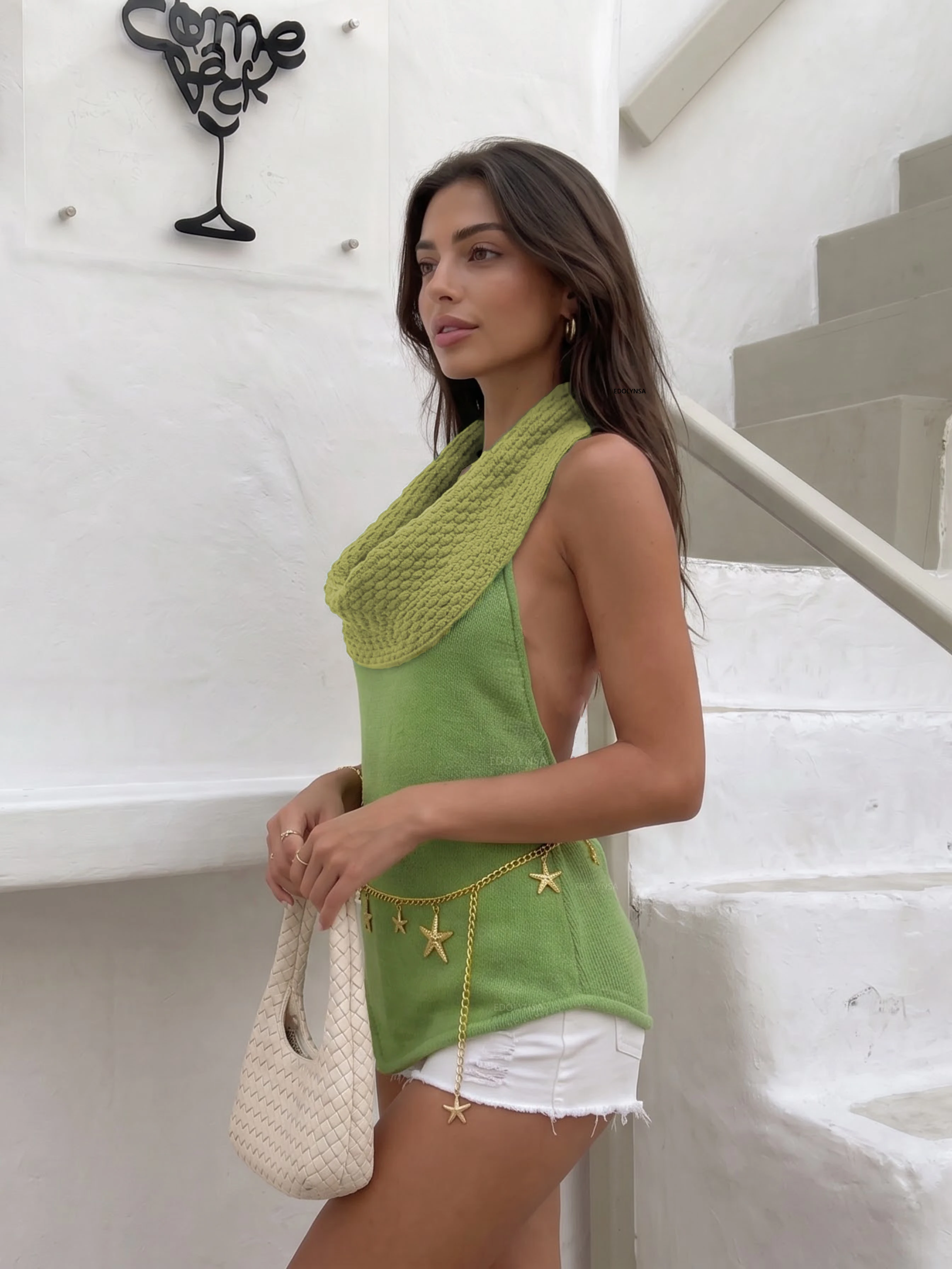 Fashionable Elegant Sexy Beachwear Knit Cover Up Casual Women Summer Green Neck Backless Top Sleeveless Beach saída de praia