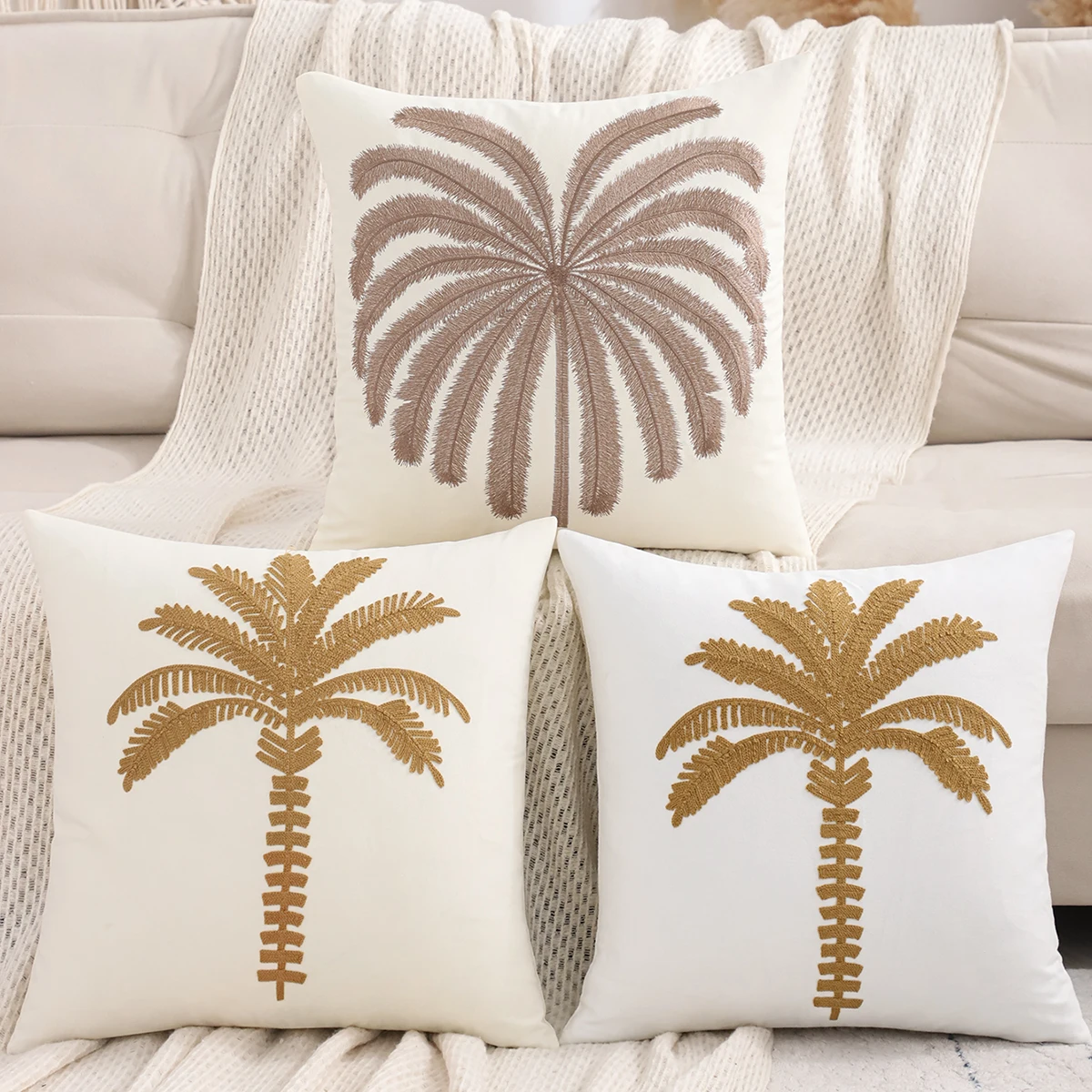 1 PC Palm Tree Embroidered Pillow cover Canvas Spring Summer Living Room Bedroom Sofa Decoration, Beach Vacation Style