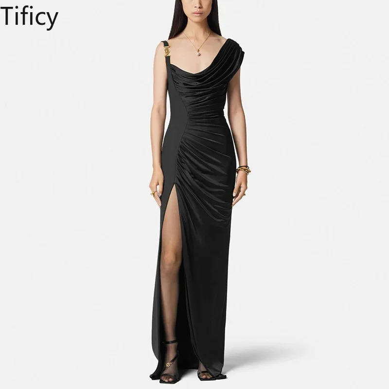 

TIFICY Fashion Elegant TFrench Socialite Style Irregular Dress Women's Summer New Pleated Design High Waist Slit Long Dress