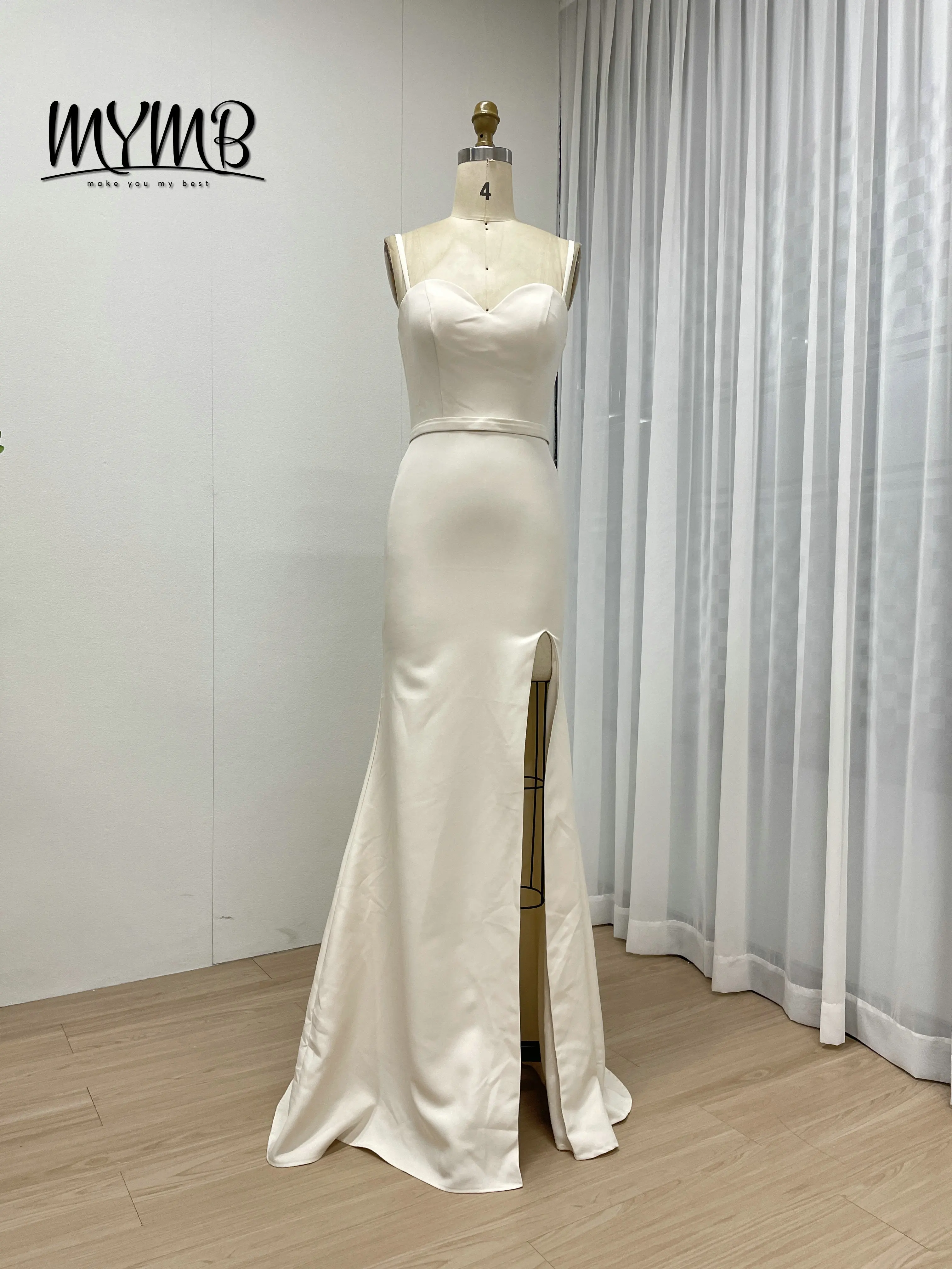 MYMB Bridal Dress Simple Long Mermaid Satin Overskirt Low Back Bow Evening Party Dress Sexy With High Split Prom Gown MY30132-2