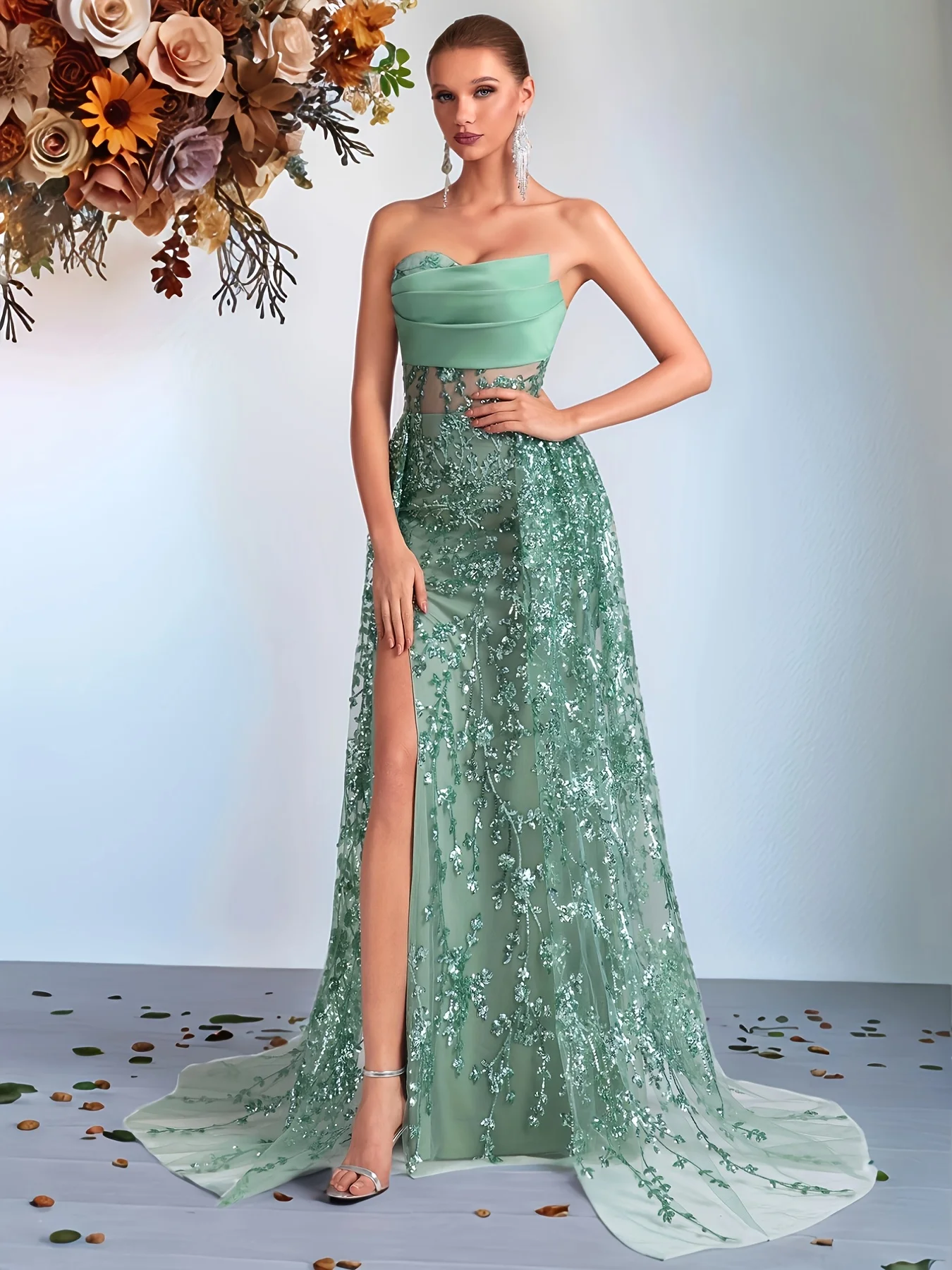 Elegant Strapless Evening Dress, Women's Sage Green Sequin - Embroidered Gown with Slit & Sheer Panel for Luxury PartyCustomized