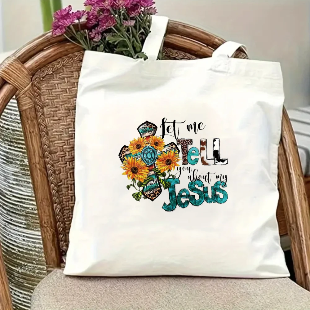 

"Let Me Tell You About My Jesus" Western Sunflower Cross Canvas Tote Bag, Christian Faith Shoulder Bag