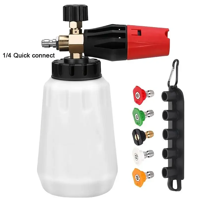 1L verstelbare sneeuwschuimkanon met 5 spuitmonden 1/4 inch snelkoppeling schuimschuimspuitpistool compatibel met Karcher K2-K7 serie hogedrukreinigers