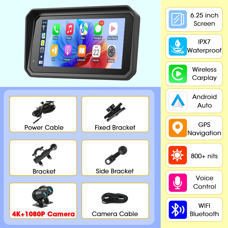 Jansite 6.25 inch 4 K/1080 P Motobike Draadloze Carplay Android Auto Digitale Motorfiets Dashboard GPS Navigatie Moto accessoires