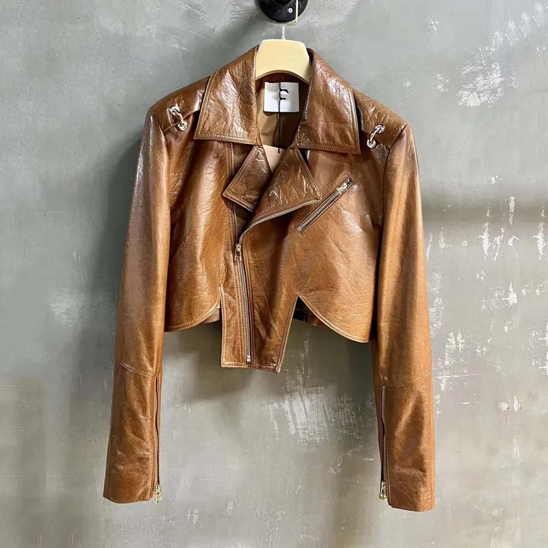 

Women Coat Spring 2023 New Fashion Short Length Clothes Turn-Down Collar Moto & Biker Style Import Real Cow Leather Jacket