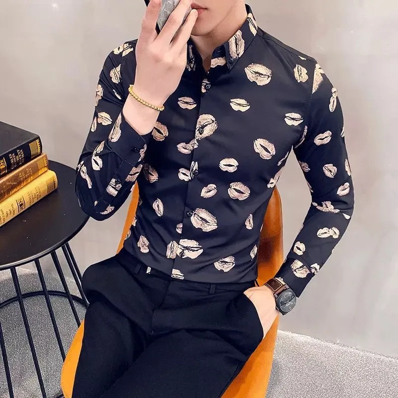 

Autumn 2026 Men's Slim Fit Long Sve Printed irt Iron Free Hair St Treetting Casual Faion Youth ular
