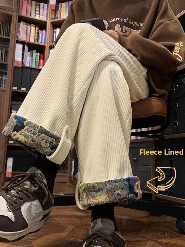 

Thiened Corduroy Pants Men's Autumn Winter Fce Lined Hiphop Bear Print Straight Leg Pants Heavyweight Sweatpants
