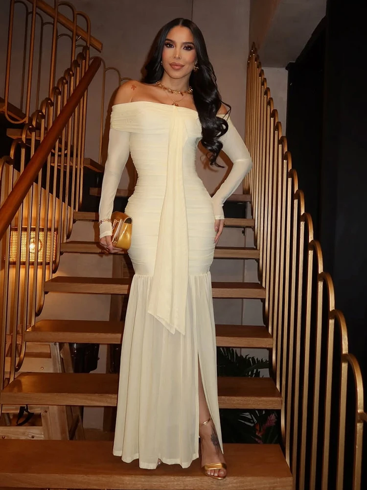 Whatiwear แฟชั่นเซ็กซี่ผู้หญิงตาข่าย Patchwork Slash คอปิดไหล่ Backless ริบบิ้น Midnight Prom Party Elegant Vestidos
