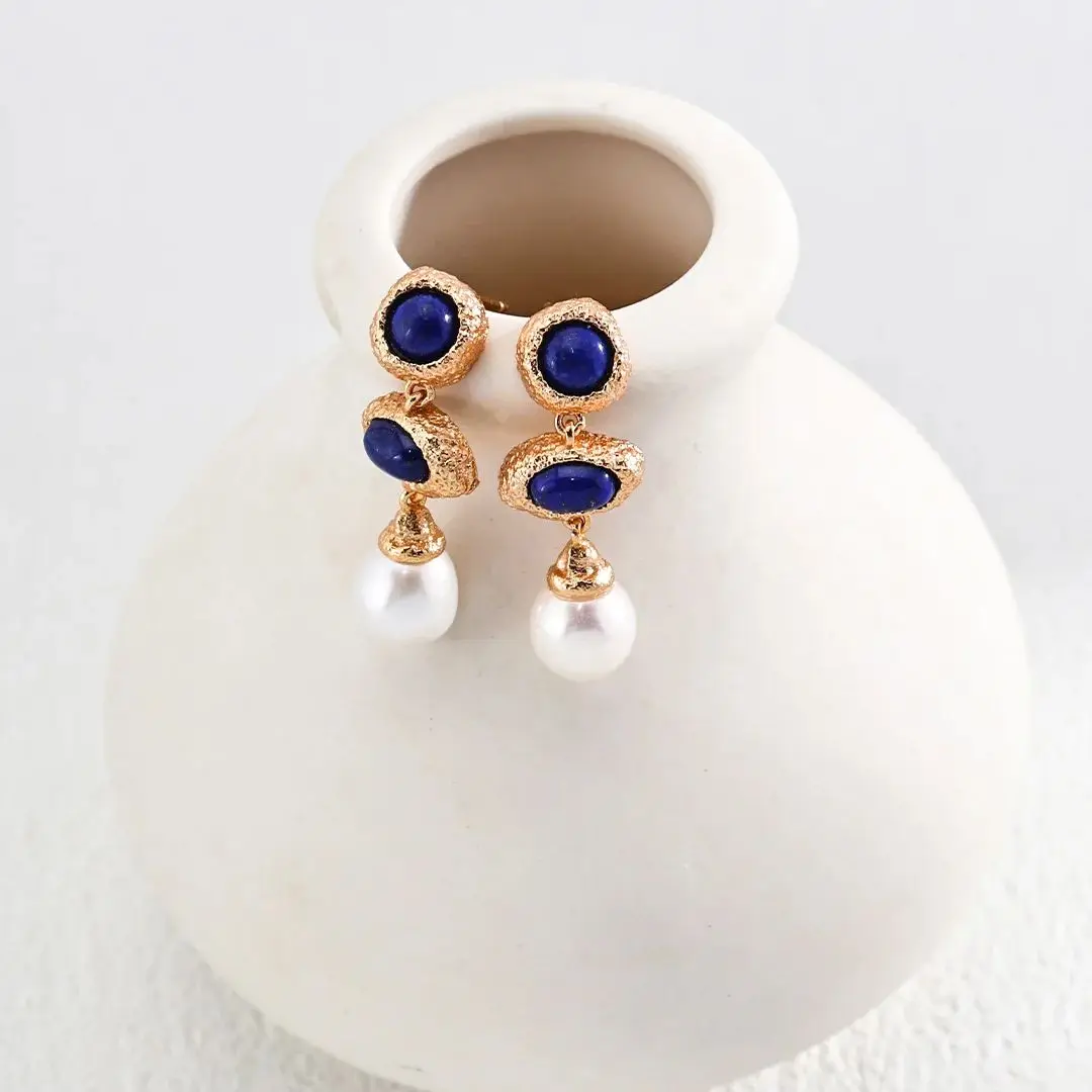 HESHI 925 Sterling Silver Pearls Vintage Lapis Lazuli Inlaid Irregular Textured Earrings for Woman Luxurious Charming