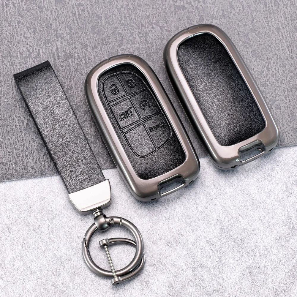 Zinc Alloy Leather Car Key Case For Fiat Dodge Ram Charger Journey Durango Jeep Grand Cherokee Chrysler Keyless Fob Shell Holder