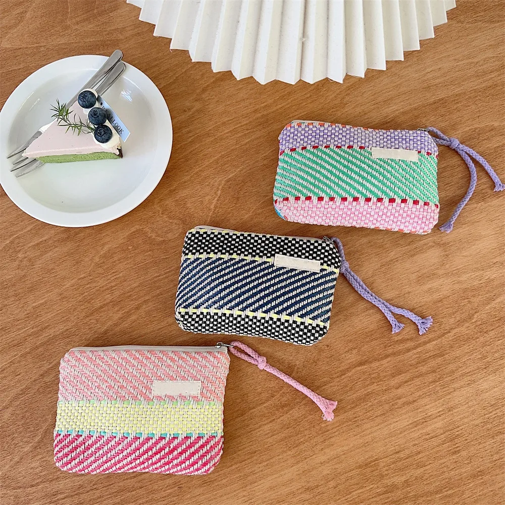 New Woven Colourful Stripes Canvas Clutch Bag Zipper Key Money Bag Pocket Fashion Women Men Coin Purse Small Wallet Card Holder