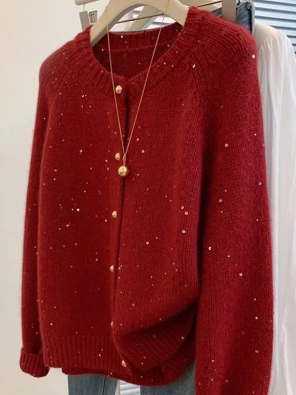 

Большие размеры 300, новогодний трикотаж с красной атмосферой и пайетками, мужской осенне-зимний винтажный топ, яркий сверкающий свитер