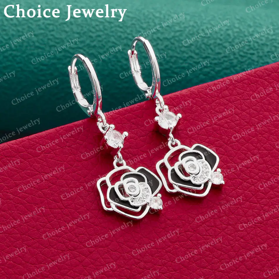 1 Pair Elegant 925 Sterling Silver inlay Zircon Black Rose Flower Earrings for Women's Fashion Jewelry for Everyday Accessories