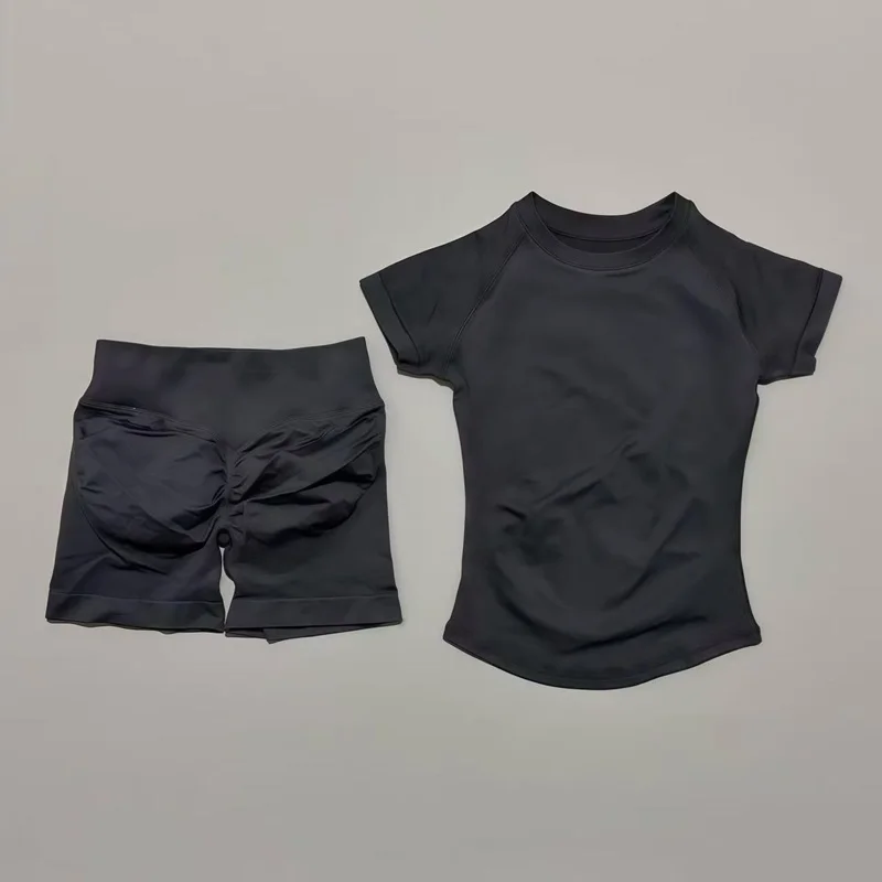 2-delige sportyoga-set Dames Lage taille Heupliftende impactshorts met korte mouwen Gymtraining Sneldrogend Activewear trainingspak