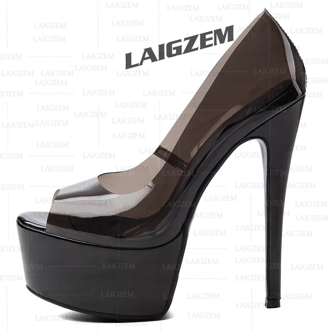 LAIGZEM Women Pumps Clear PVC Platform Transparent Peep Toe Thin High Heels Party Handmade Shoes Woman Large Size 41 43 47 52