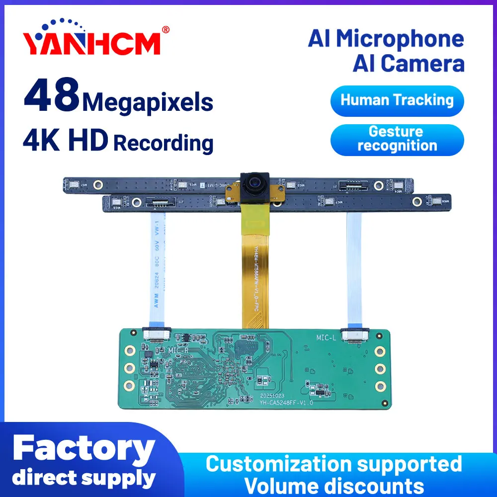 

YANHCM AI Camera Module 48MP 8000*6000 1080P 4K 30FPS With microphone Wide Angle Fixed Focus USB2.0 3.0 For video conferencing