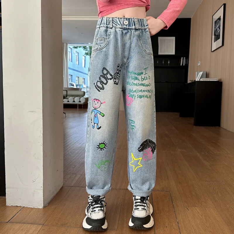 New Fashion Tweens Children Jeans for Girls High Waist Stretch Soft Denim Pants Kids Casual Regular Fit Jeans Trousers Age 5-14T