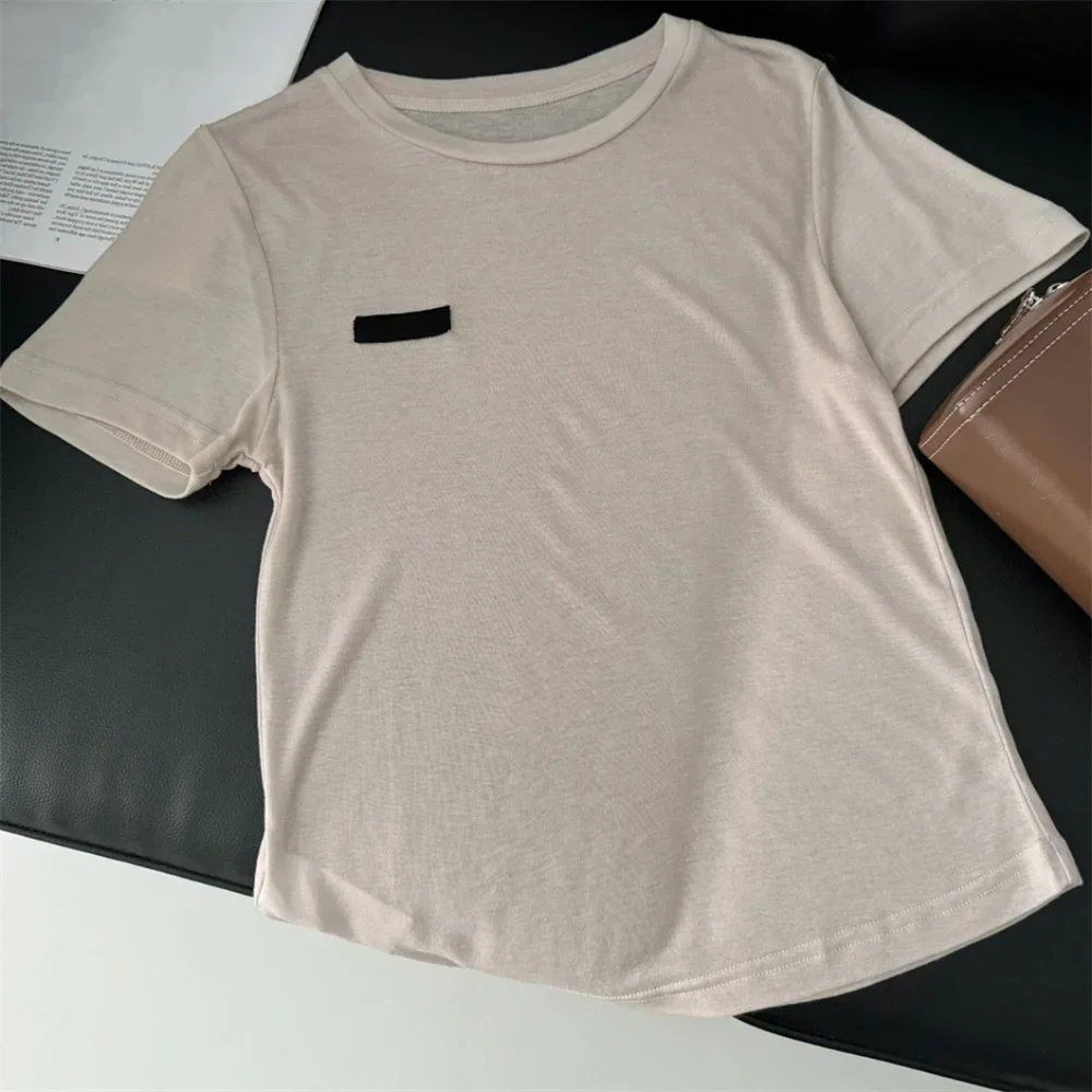 Women Short T-shirt H901886 Round Neck Khaki Colour Soft T Shit Clothing Spring Summer Runway Streetwear Elegant Elastic Knit