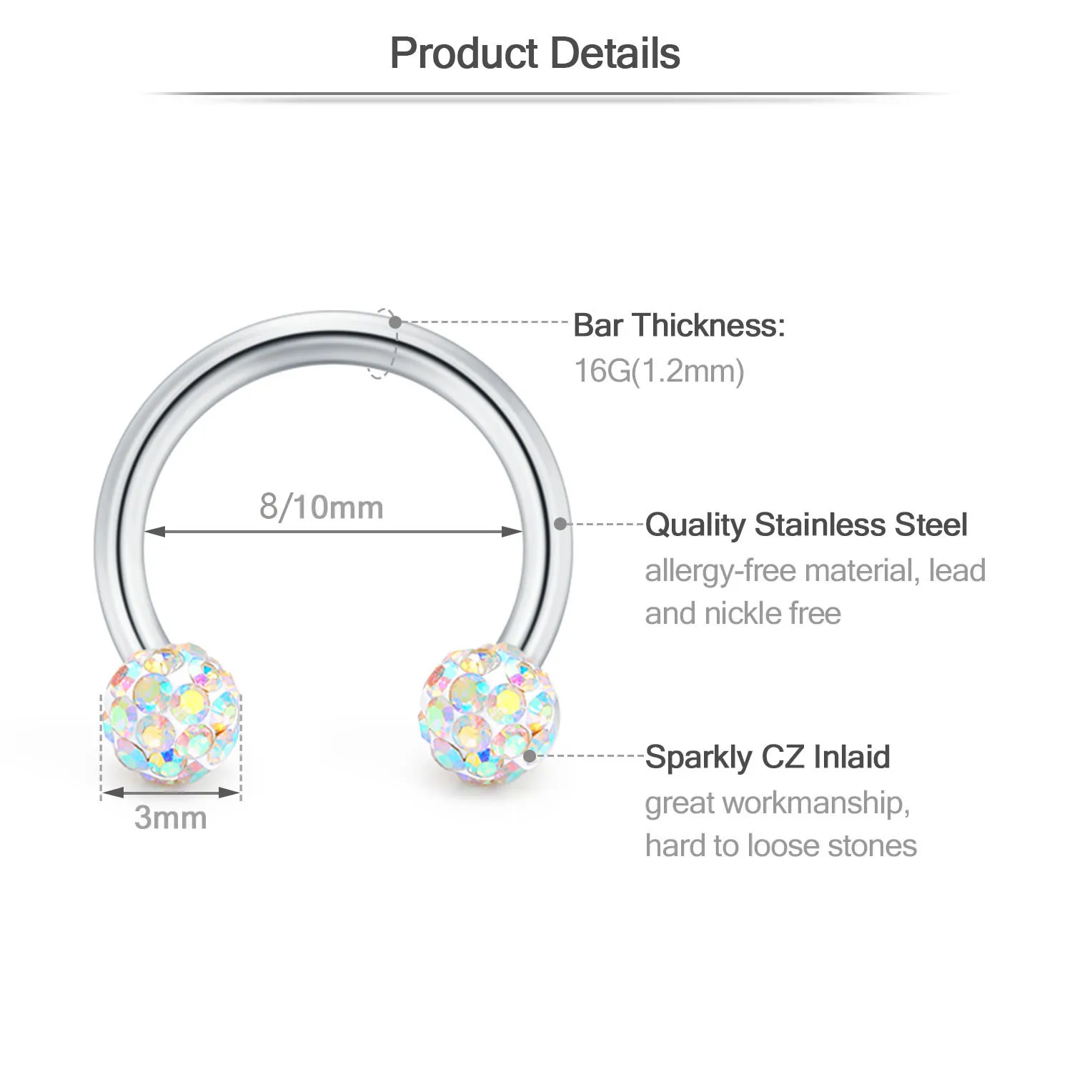 1PC Bling Ball Nose Septum Rings CBR Horseshoe Piercing Jewelry 14/16G Cartilage Helix Tragus Earrings Hoop Lip Piercing 8/10mm