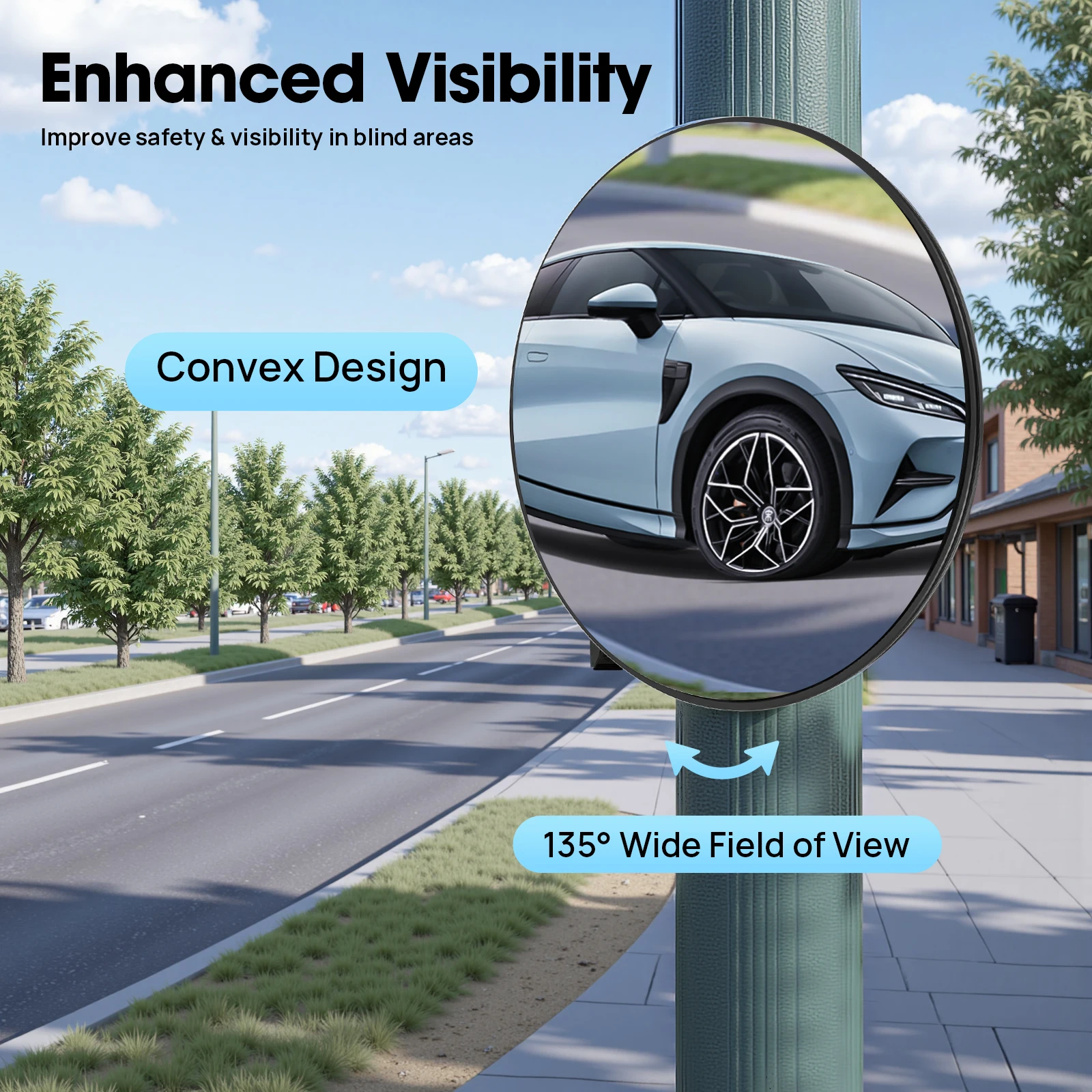 135° Wide Angle Convex Mirror 30cm for Warehouse Parking Lot Factory School Supermarket Intersection Corner, Adjustable Wall/Pillar Mount, PC ABS Durable Safety Traffic Mirror for Blind Spots