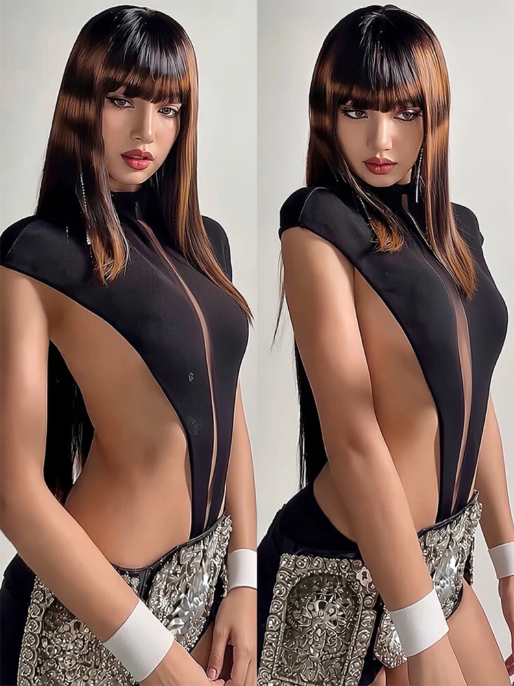Weird Puss Hottie Hollow Bodysuits Damenmode Klassischer Rollkragen Ärmellos Stretch Skinny Wild Midnight Party Streetwear – Detail 7