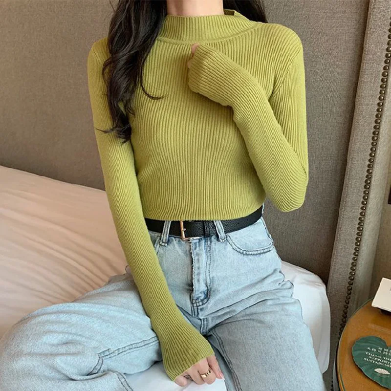 Winter Dame Halb Stehkragen Gestrickte Tops Frauen Dünne Dünne Pullover Pullover Weibliche Klassische Feste Pullover Kleidung