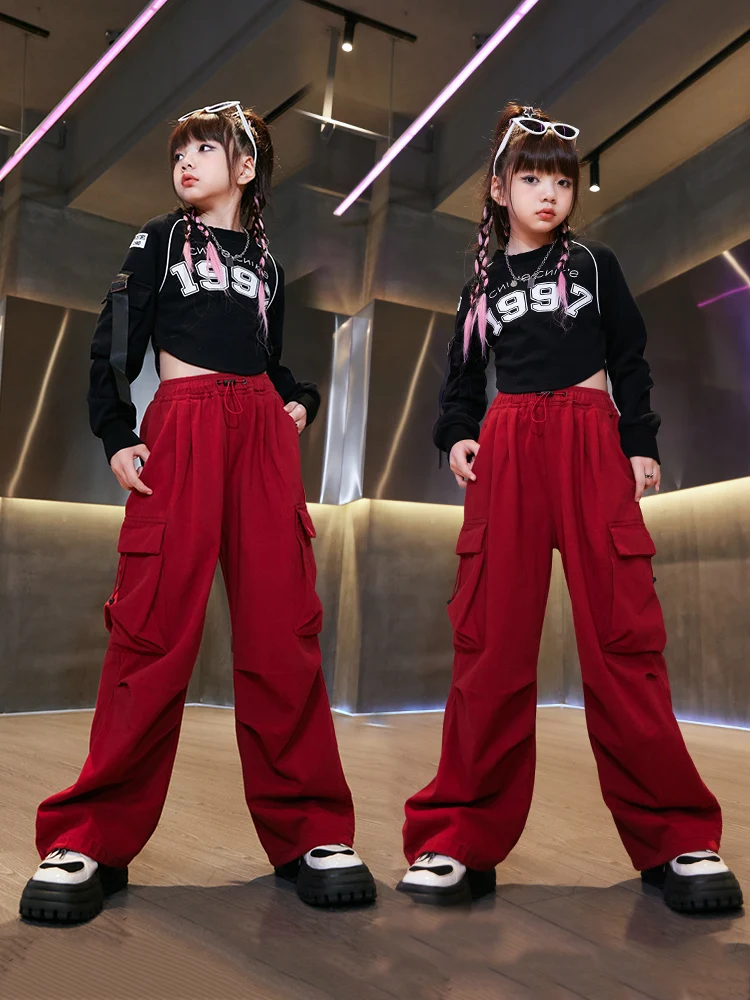 2023 schwarze Crop Tops rote Cargo hose Anzug Mädchen Jazz Tanz Outfits Kinder Ballsaal Hip Hop Tanz Performance tragen dqs14308