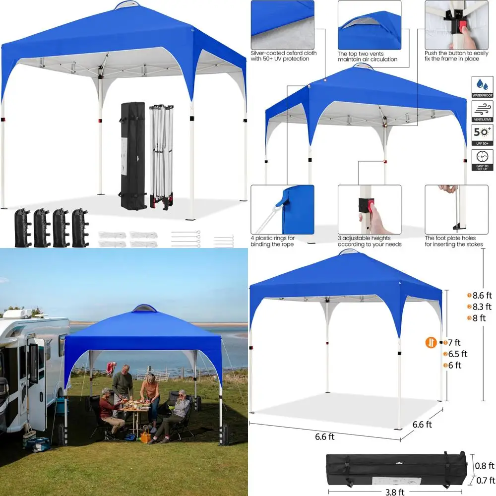 

Instant Pop Up Canopy Tent 6.6x6.6ft with Ventilation, Easy Setup, Wheeled Bag, 4 Sandbags, 8 Stakes, Outdoor Sun Shelter