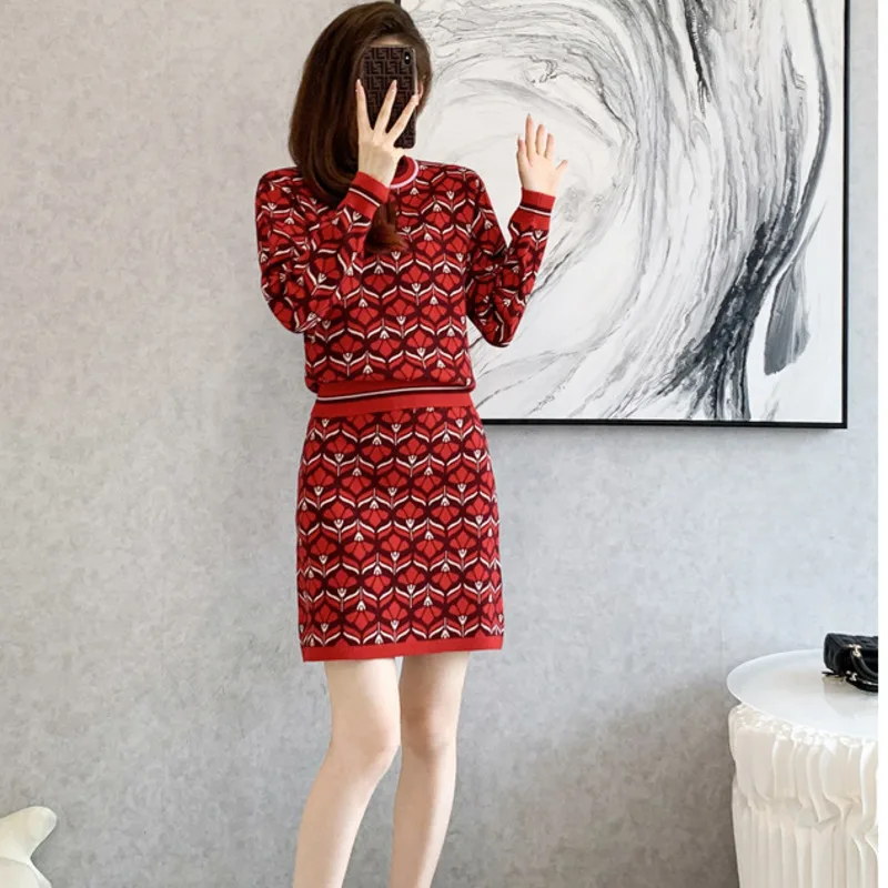 #0945 Vintage Pullovers Sweater And Skirts Two Piece Skirt Set Women Office Retro Knitted 2 Peice Set Ladies Slim Fit Woman Set