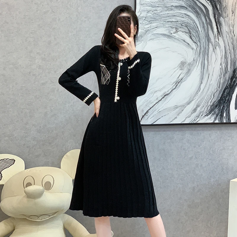 

Autumn Winter New Fashion Chic Wool Knitted Dresses Women Clothing Temperament Elegant Chic Pockets Commute Pullover Dress