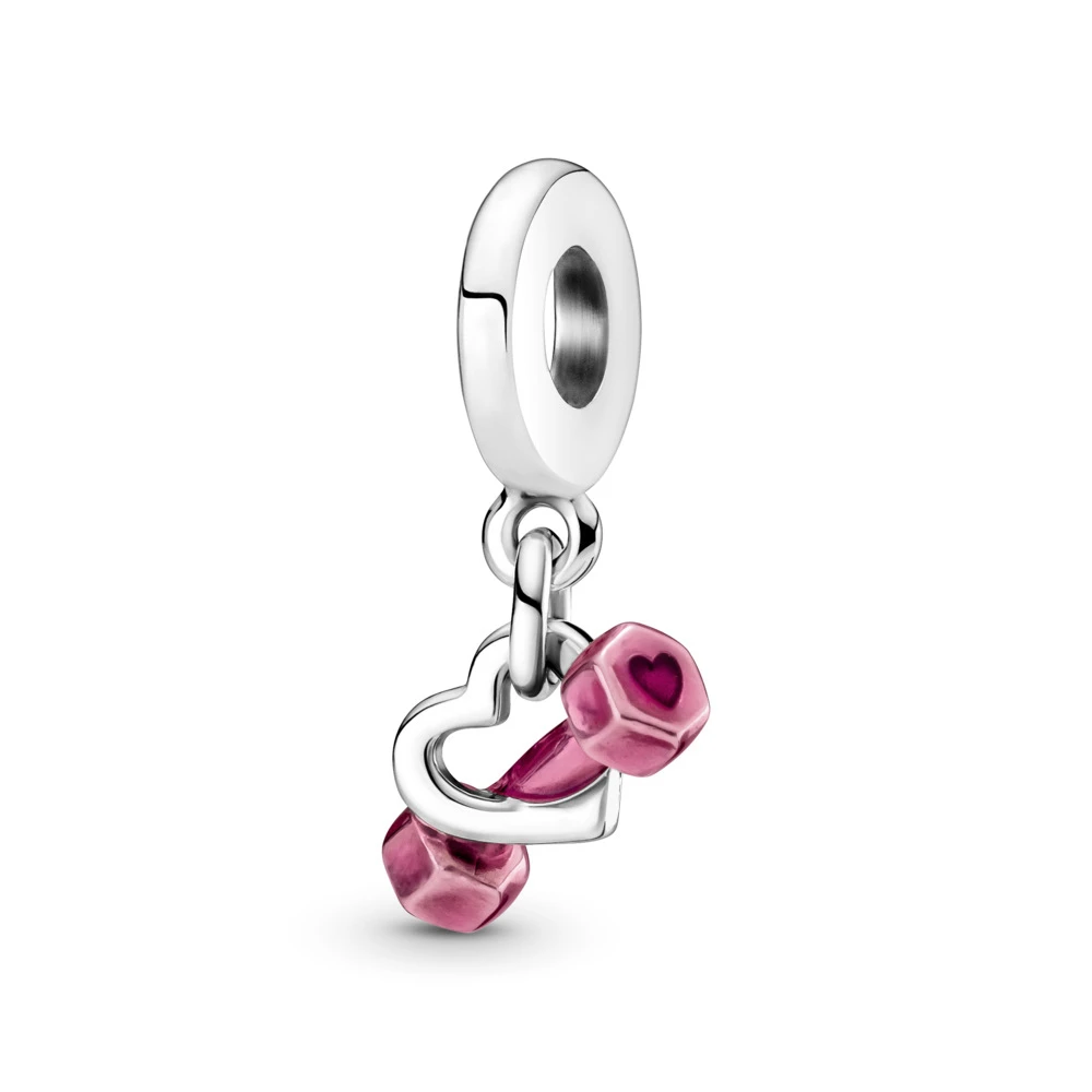 Cute Pink Enamel Dumbbel Pendant Fit Original Pan Charms Bracelet Men Hollow Heart Bead DIY Bijoux For Women Fitness Tool Dangle