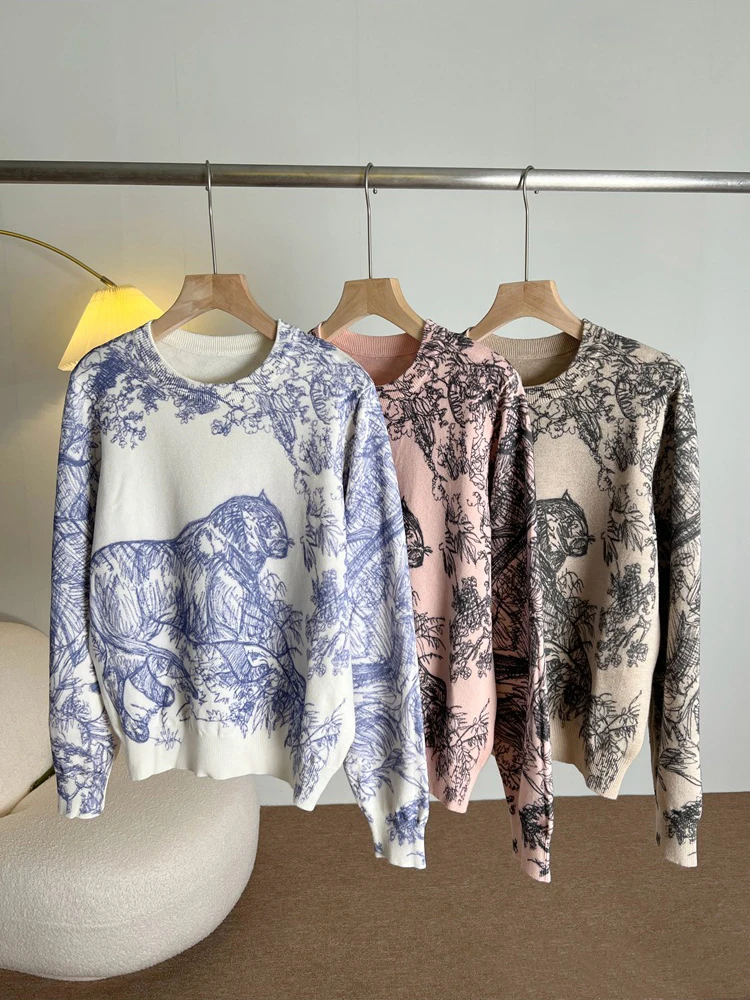 Luxus Designer Pullover Frauen Tier Blumenmuster Druck Pullover Pullover Klassische Rundhals Stricken Tops Hohe Qualität C-069