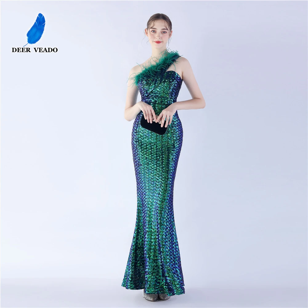 

DEERVEADO Elegant Mermaid One Shoulder Evening Dress for Woman Luxury Sequined Formal Dress for Special Events Prom Party Dress