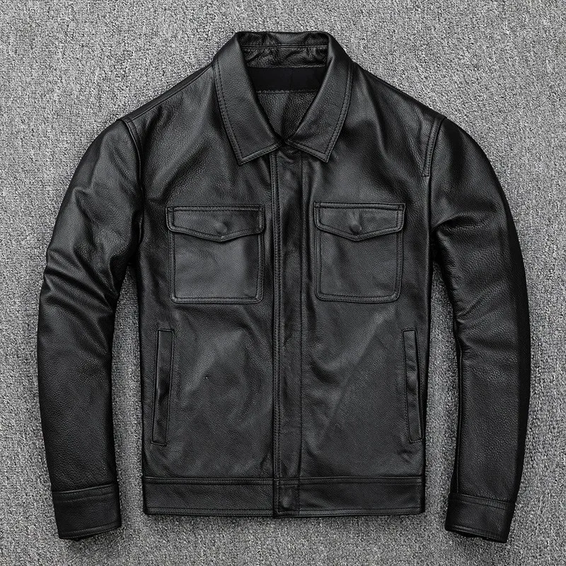 

Casual top-grain cowhide leather men's motorcycle lapel coat thickened