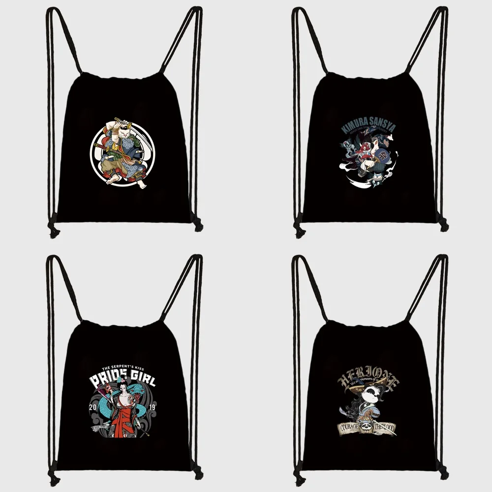 2026 Drawstring Backpack Casual Lady Girls Samurai Print Shopping Bag Portable Quality Trendy Simple Backpack Linen Storage Bags