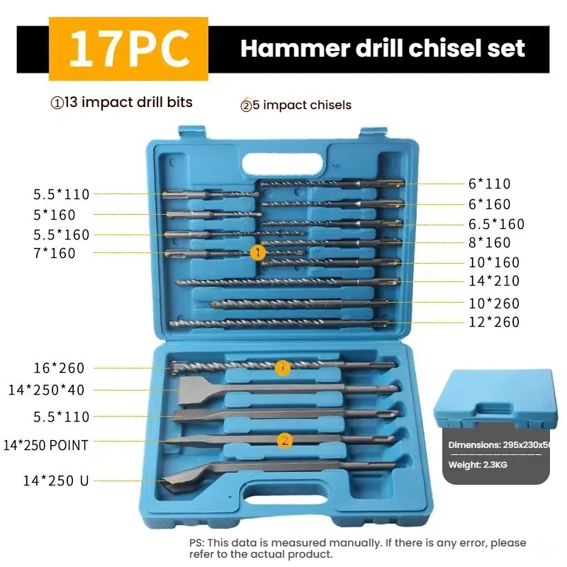 17 Uds mango redondo impacto martillo eléctrico broca cincel caja de plástico Set para hormigón, ladrillo, bloque, piedra, herramientas de masonería