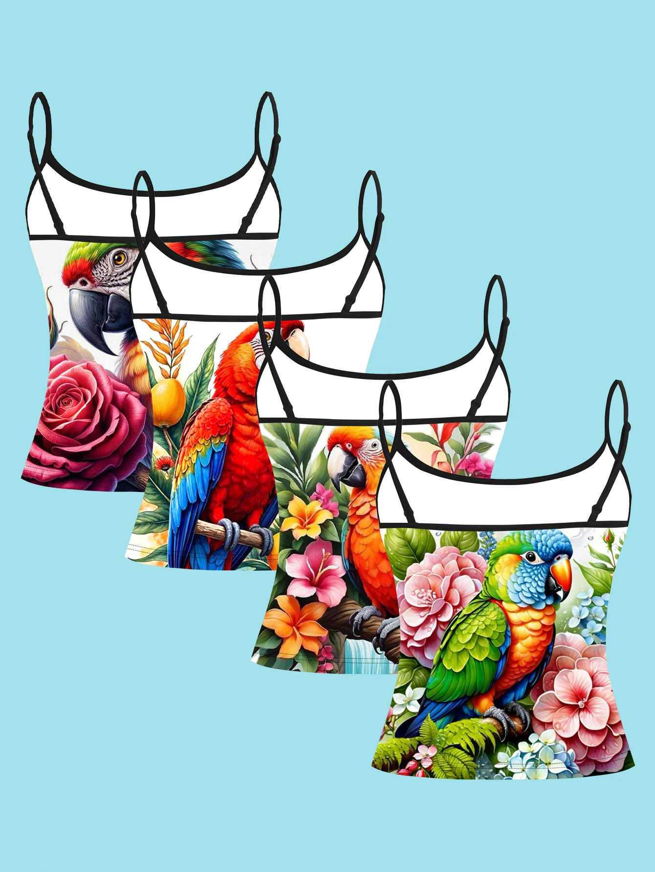 4-Piece Vintage Floral and Bird-Themed Sling Set with Hydrangea and Parrot Patterns, Slim-Fit Inner Tank Top for Women