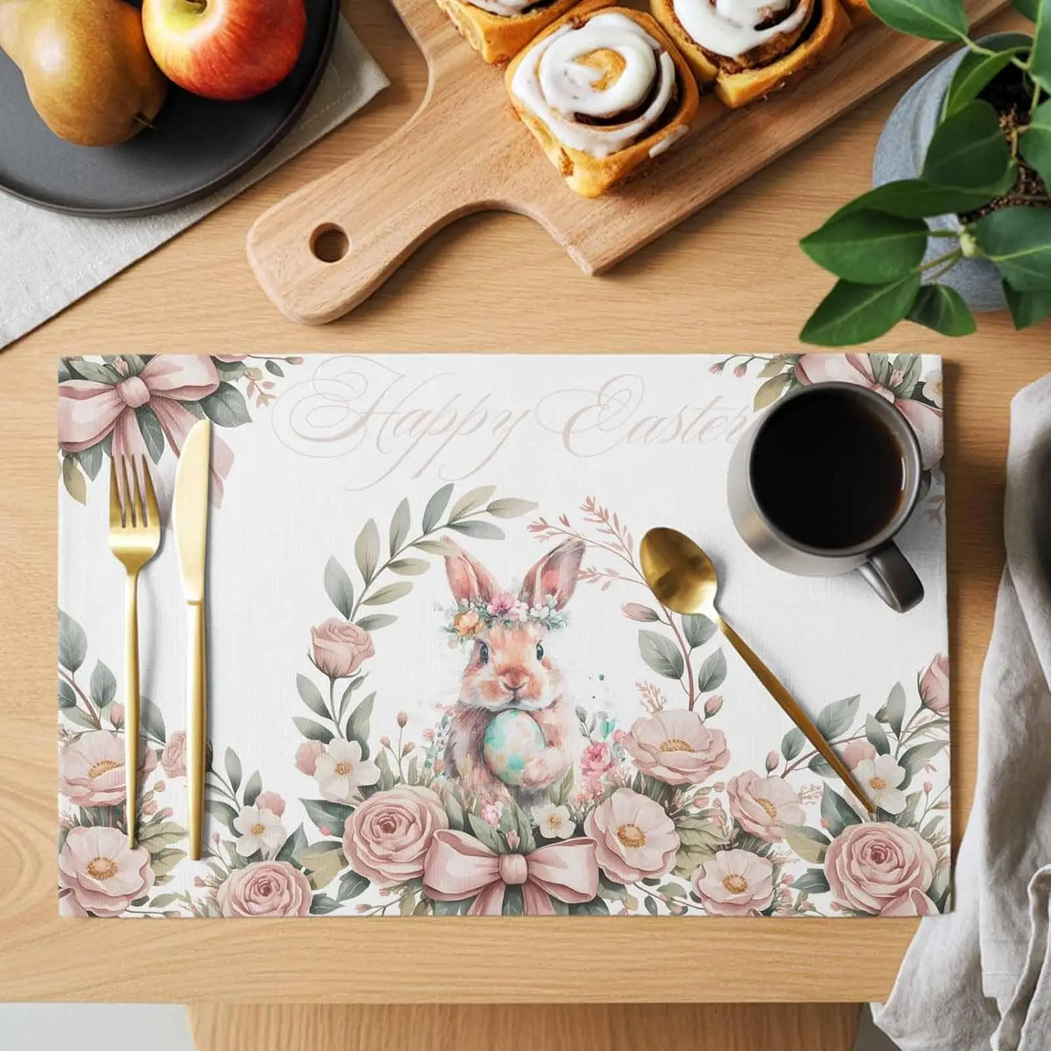 Easter Bunny Eggs Garland Leaf Placemats Party Decor Spring Watercolor Rose Floral Dining Table Mats Place Mat Easter Decoration