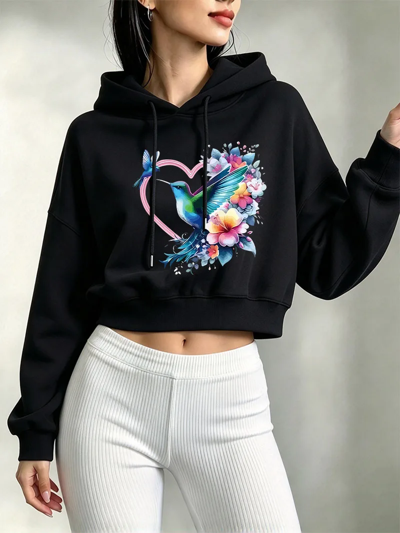 Aesthetic Colorful Bird with Flower Print Cropped Sweatshirt Crop Top Hoodie Y2k Pullover Sweatshirts Gothic Casual Clothes