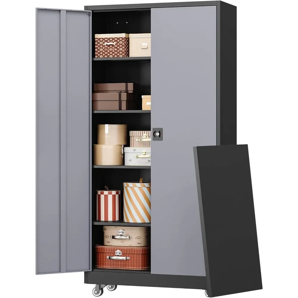 

Metal Garage Storage Cabinet with Wheels, Locking Tool Cabinet with 2 Doors and 4 Shelves, Tall Steel Cabinet for Garage