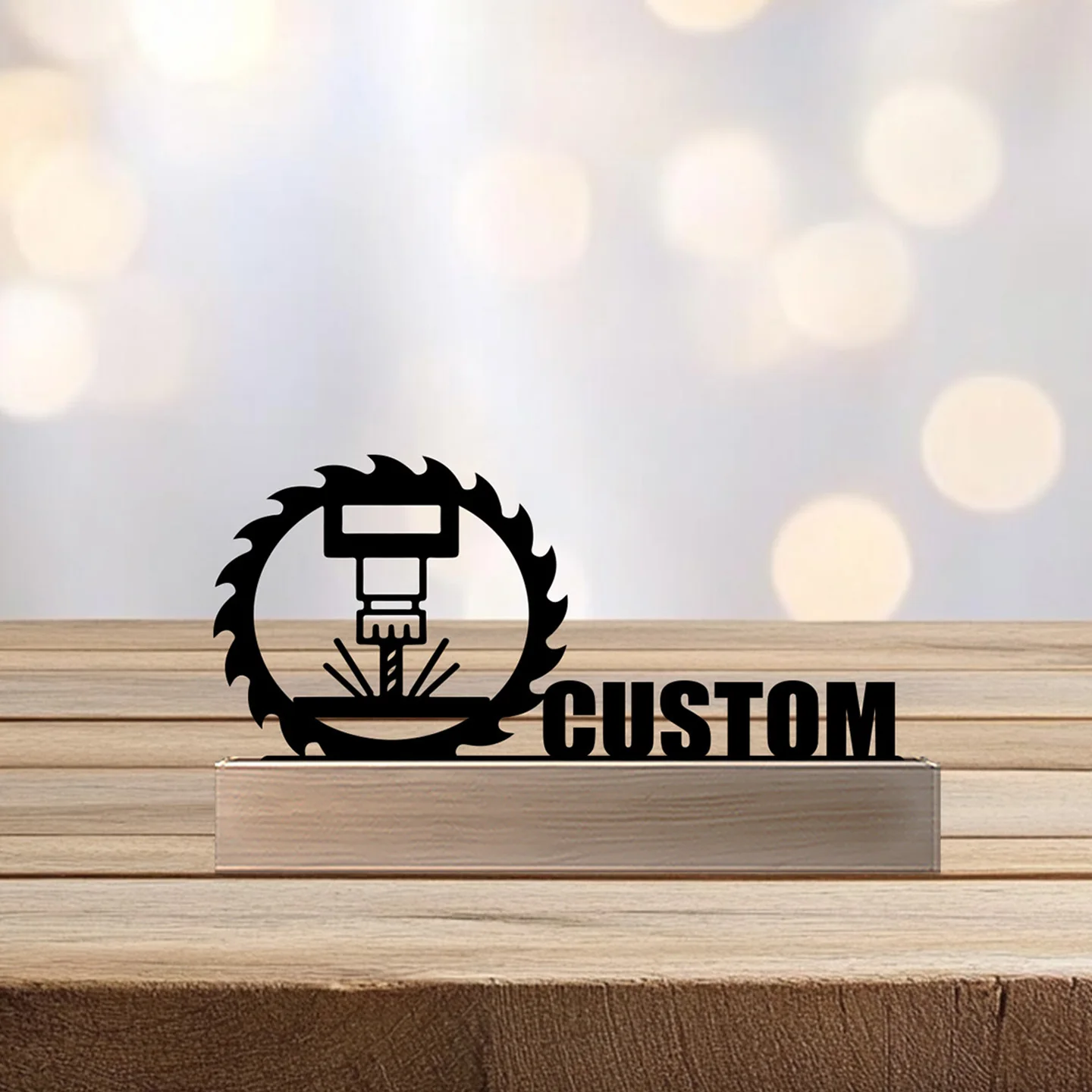 1pc Simple Electric drill and gears Custom Name Metal Statue With Wood Base Iron Ornament Metal Sculpture With Wood Base