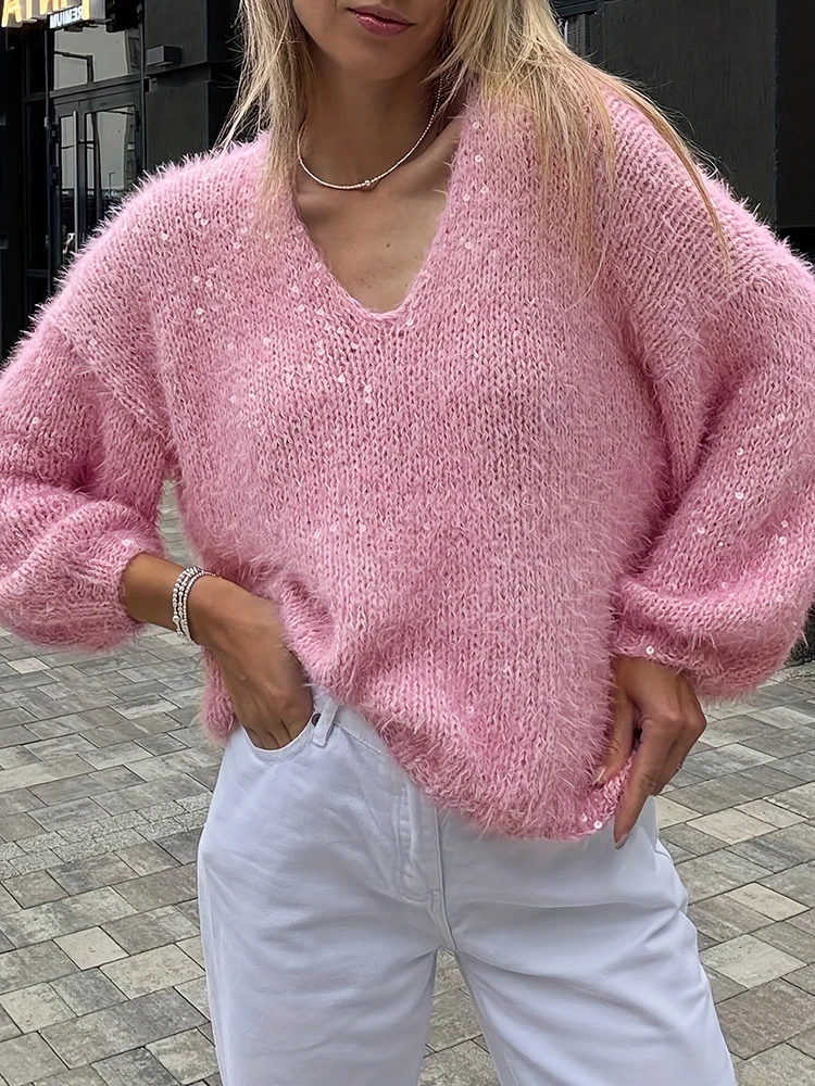 

Сладкие розовые женские шикарные свитера, женские весенне-осенние элегантные модные топы с длинными рукавами, новые повседневные простые женские пуловеры с v-образным вырезом