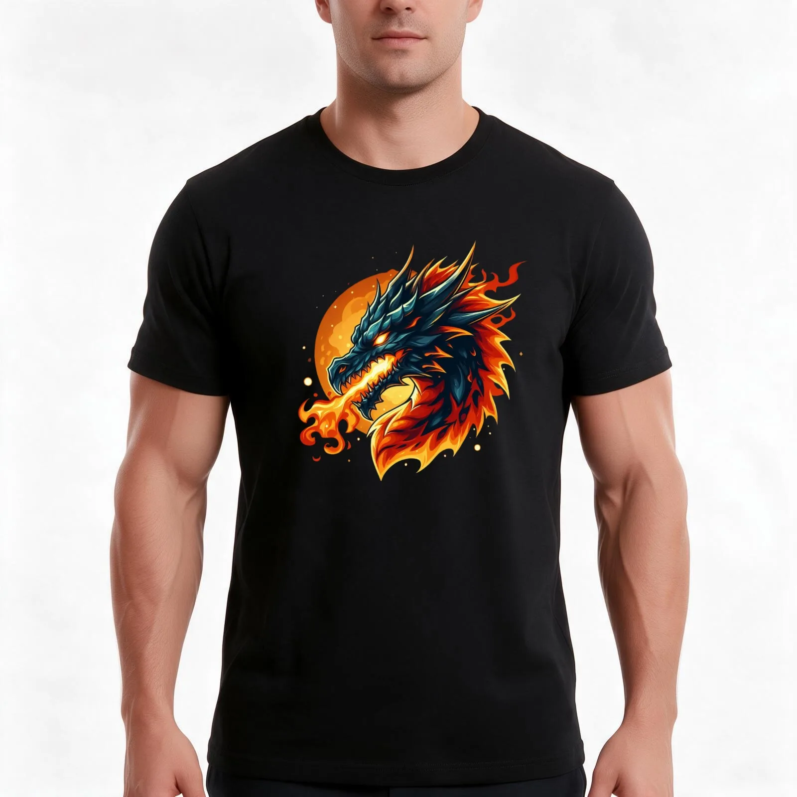 Fiery Dragon Artwork Mythical Fire-Breathing Beast Design T-Shirt, Summer Casual Cotton Tee, Oversized Streetwear Tops