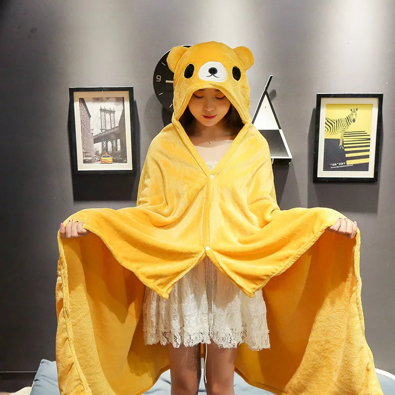 Cartoon Cute Cape Blanket Flannel Lazy Shawl Cape Student Hooded Home Office Nap Blanket Winter Bed Blanket Coral Velvet Warm