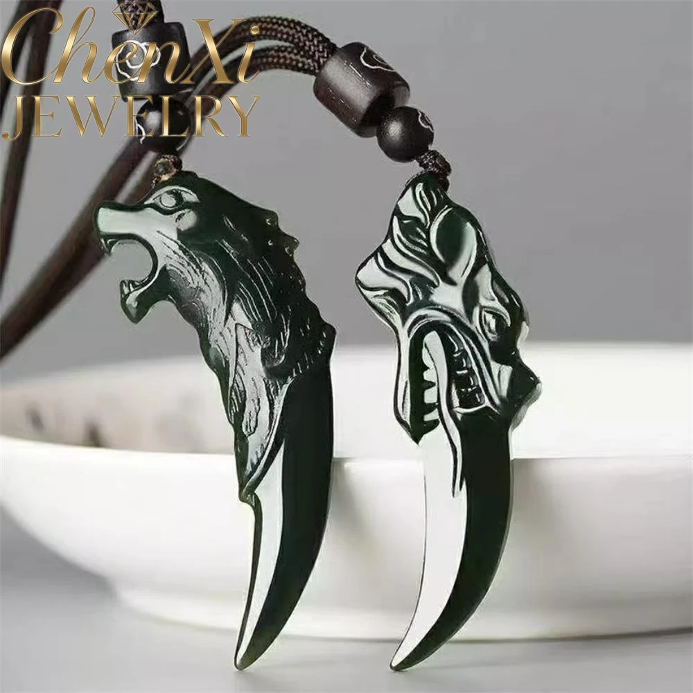

High-End Natural Hetian Green Jade Wolf Tooth Pendant Luxury Quality Fashion Fine Jewelry Exquisite Elegant Popular Mascots Gift