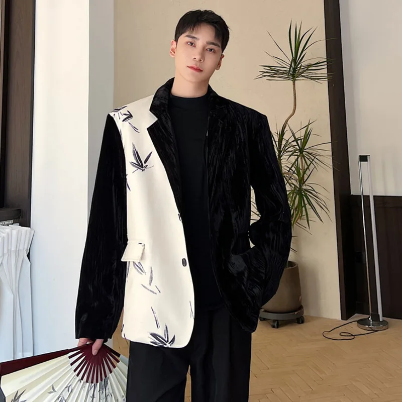 WVGA Autumn Winter New Man Tide Personalized Velvet Patchwork Trendy Long Sleeve Blazer Niche Chic Casual Suit Jacket Ins W14370