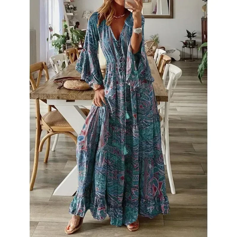 Femme taille S-3XL style bohème manches trompent imprimé col en v taille haute robe de vacances florale longue robe