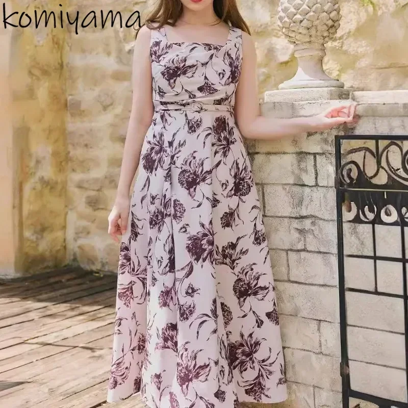 

Square Collar Sleeveless Vestido Japan Flower Print Vestidos Mujer High Waist Women Dresses A-line Dress 2024 Lace-up Robes