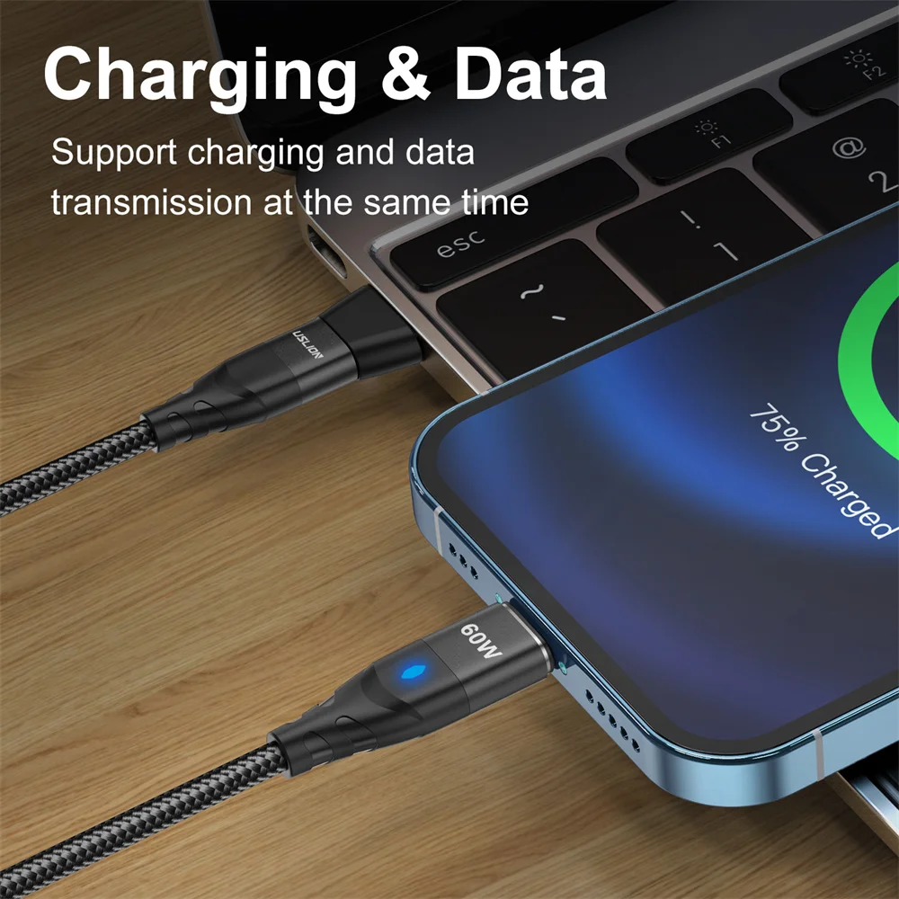 USLION PD 60W Magnetic Cable With USB adapter QC3.0 Fast Charger Cable For iPhone Samsung Huawei Xiaomi Redmi Note 10 8 Macbook