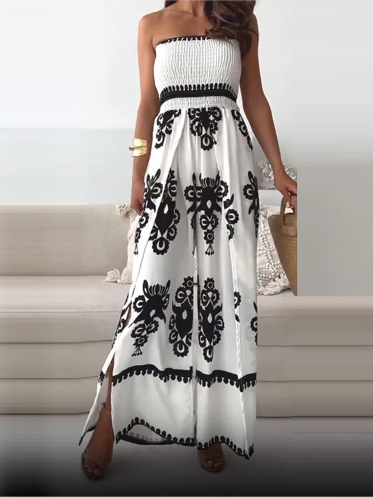 Fashion Print Jumpsuit Lady Sexy Sleeveless Off Shoulder High Waist Wide Leg Pants Jumpsuits For Women Summer Women Clothes New